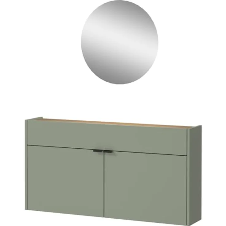 XXXL Garderobe GW-Ameca, 2-teilig in Taupegrün und Navarra-Eiche, Schuhschrank mit Mirror, 110x200x22 cm, verstellbare Böden, bis zu 12 Paar Schuhe.