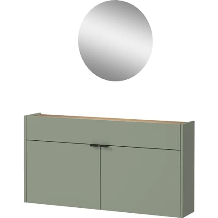XXXL Garderobe GW-Ameca, 2-teilig in Taupegrün und Navarra-Eiche, Schuhschrank mit Mirror, 110x200x22 cm, verstellbare Böden, bis zu 12 Paar Schuhe. – Bild 1