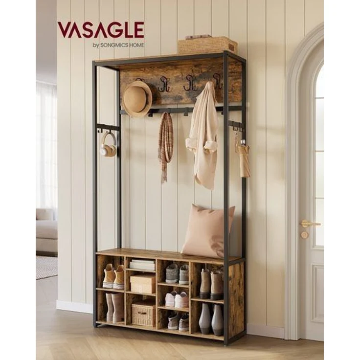 VASAGLE Kleiderständer, mit Schuhregal, Kleiderhaken, verstellbare Ablagen, Holzspanplatte, Stahl, vintagebraun-tintenschwarz, 32 x 100 x 180 cm – Bild 3