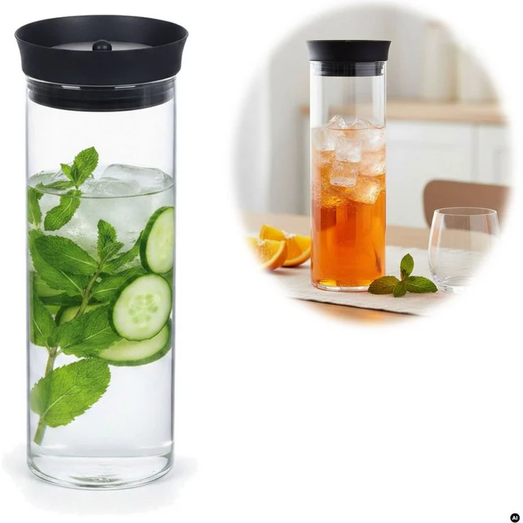 LS-LebenStil Wasserkaraffe 1x Glas Wasserflasche 1L Borosilikatglas Flasche Karaffe mit Deckel, (mit Silikon Deckel und integriertem Sieb, Glaskaraffe Trinkflasche, 1-tlg, für Sprudel, Wasser Infused Water, Tee, Saft und Kaltgetränke Eistee), Modernes,... – Bild 1