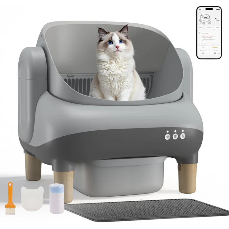 GTPLAYER Katzenklo Selbstreinigend, Selbstreinigende Katzentoilette mit Offenem Design, App-Steuerung & Sensoren, Automatisches Katzenklo mit Duftstein, Streumatte, Ideal für Mehrkatzenhaushalte, Grau – Bild 1
