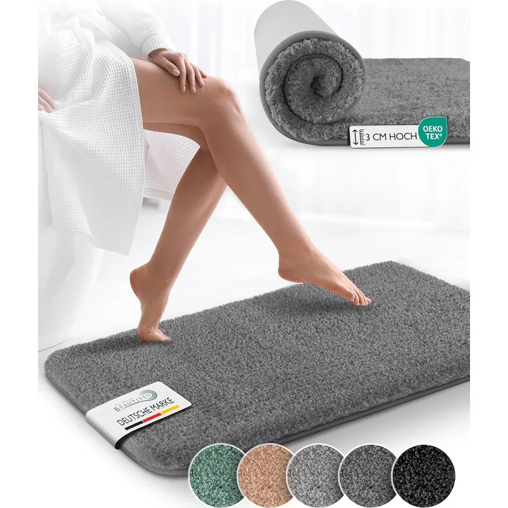 Beautissu Badematte rutschfest BeauMare FL Hochflor Teppich Anthrazit, 60cm, 50cm