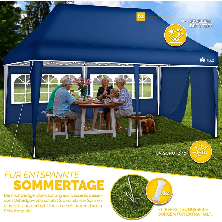 tillvex Pavillon 3x6m - mit 3 Seitenwänden Blau wasserdicht | Pop-Up Faltpavillon höhenverstellbar | Gartenzelt UV Schutz 50+ | Partyzelt mit Tasche für Garten – Bild 7