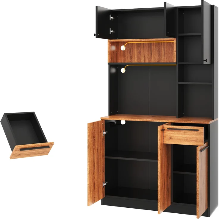 ZUBALIYA Buffetschrank 100x40x180 cm, mit LED-Beleuchtung, mit Steckdosen, mit 6 Türen, aus MDF, Natur – Bild 15
