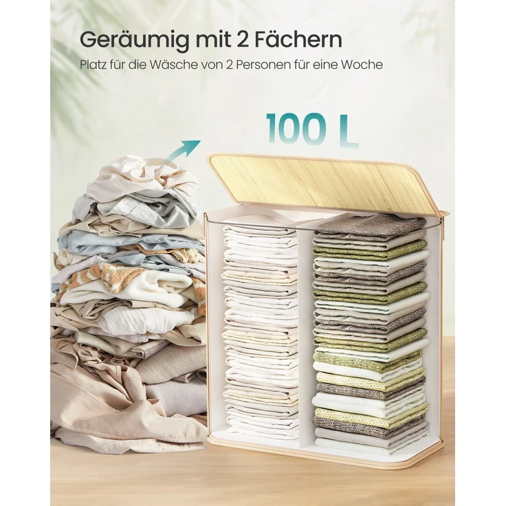 SONGMICS Wäschekorb 2 Fächer, 100 L Wäschesammler mit Deckel, Wäschebox Bambus, mit Griffen, faltbar, Wäschesack herausnehmbar maschinenwaschbar, Waschküche, braun, Naturfarben – Bild 4