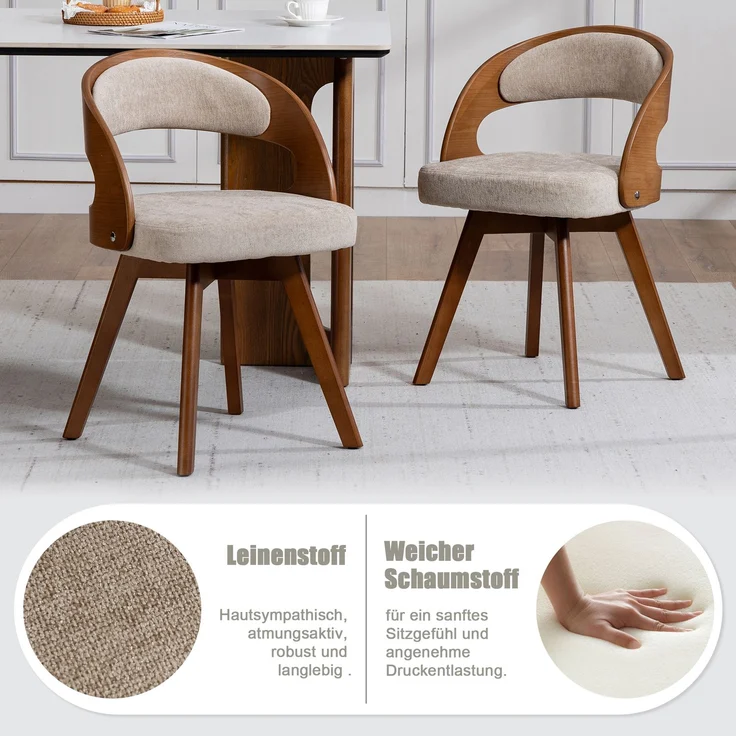 LVHOM Esszimmerstuhl 360° drehbar, 2er Set, Polsterstuhl aus Leinen und Massivholz, Küchenstuhl gepolstert, ergonomischer Schalenstuhl mit Armlehne, bis 150 kg – Bild 5