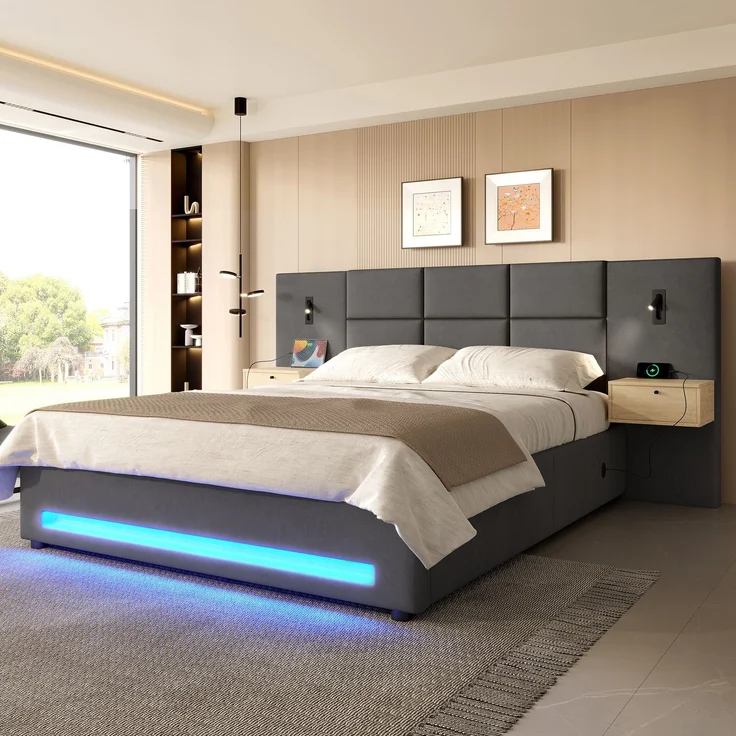 TavilaEcon Boxspringbett mit Samtkopfteil, praktischen Stauschubladen und LED-Nachtlicht grau Liegefläche 180 × 200 cm – Bild 8