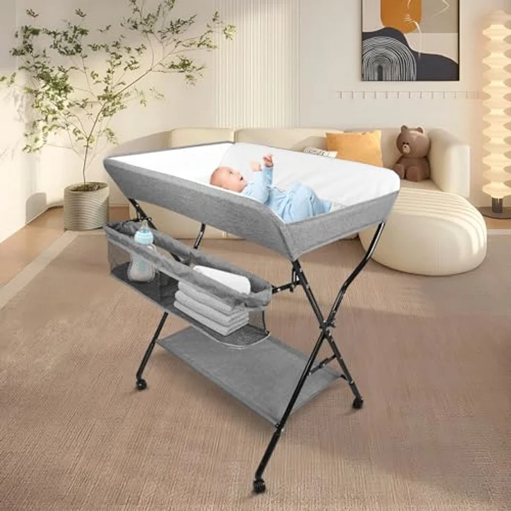 Wickelstation für Baby, Wickeltisch, faltbar, tragbar, Wickeltisch, faltbar, tragbar, mit Aufbewahrungskorb, maximale Belastung von 25 kg,86 x 62 x 96 cm (Grau) – Bild 9