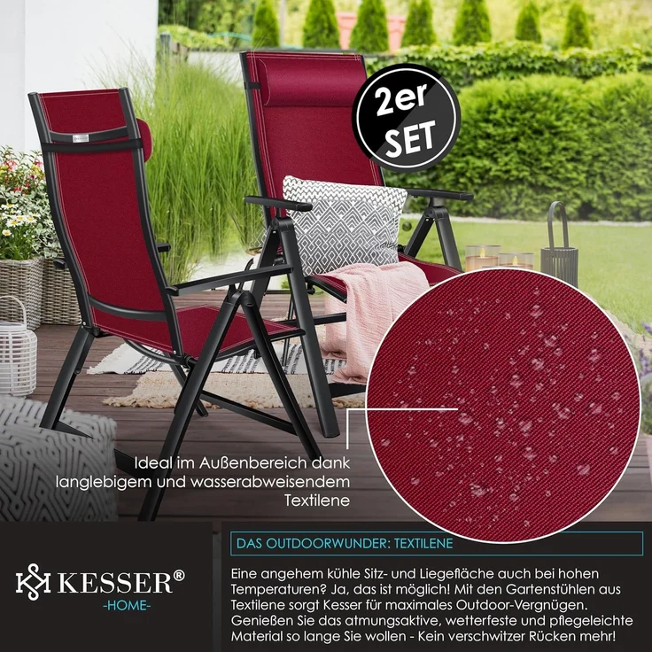 KESSER® Gartenstuhl Hochlehner mit Armlehnen | Aluminium Klappstuhl inkl. Kopfkissen Campingstuhl 7-Fach Verstellbar Rückenlehne | Atmungsaktiv & Wetterfest | Klappbar & Anti-Rutsch 2 Stück, Bordeaux Rot – Bild 5