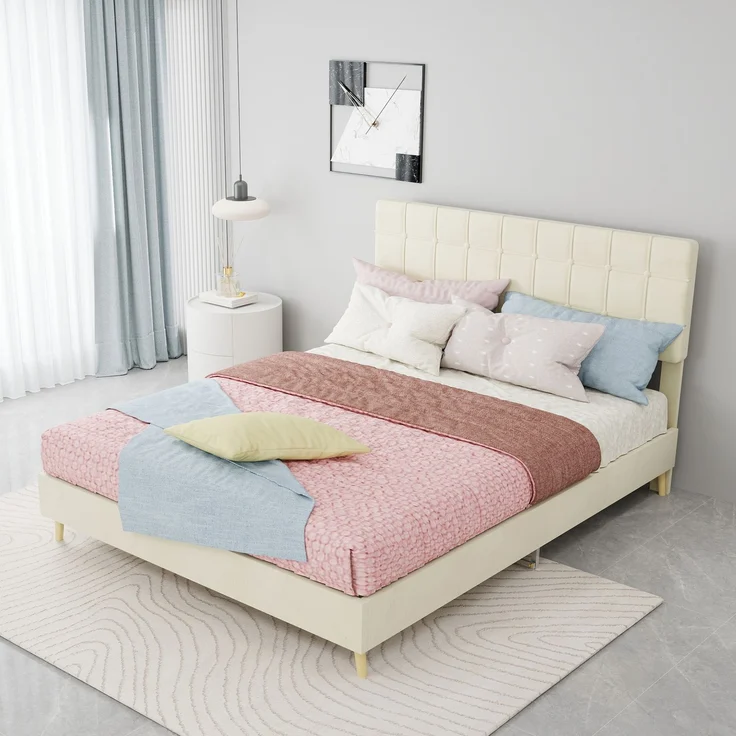 Novelux Polsterbett 140x200 cm mit Kariertem Kopfteil & Holzfüßen – Modernes Doppelbett aus Verschleißfestem Stoff, Massivholzrahmen, für Schlafzimmer, Beige – Bild 8