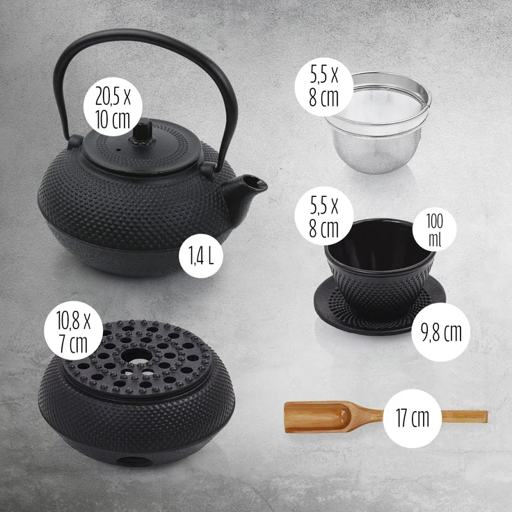 Lumaland Teeservice Set 12-teilig, 1,4 Liter Gusseiserne Teekanne Tetsubin (12-tlg), Bambus/Gusseisen/Edelstahl, Stövchen aus Gusseisen, 4 Teebecher & 4 Untersetzer uvm. – Bild 6