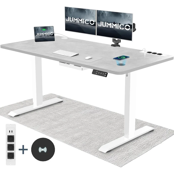 JUMMICO Höhenverstellbarer Schreibtisch mit Kabelloser Ladestation und Euro-Steckdose mit USB, Schreibtisch Höhenverstellbar Elektrisch Stehtisch, Standing Desk (Grau 140x70 cm)