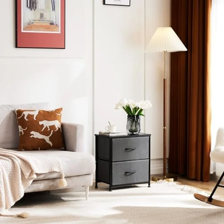 DUMOS Kommode für Schlafzimmer mit 2 Stoffschubladen, hohe Kommode Organizer für Kleidung, Schrank Kinderzimmer, Aufbewahrungsturm mit Schrank, Metallrahmen, Holzplatte, leichte Kinderzimmermöbel – Bild 5