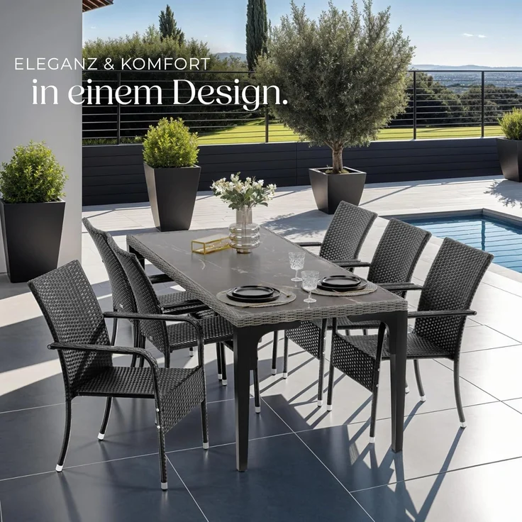 tectake Rattanstuhl Gartenstuhl Girona, stapelbar, Belastbarkeit 120 kg, 58 x 67 x 90 cm (Set, 4 St), Pulverbeschichtetes Stahlgestell für enorme Stabilität – Bild 8