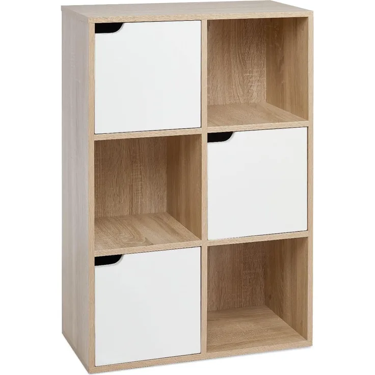 Meerveil Aufbewahrungsregal, Vielschichtiges Bücherregal, Regal aus Holz, Aufbewahrungsschrank für Bücher und DVDs, Sechs Fächer mit DREI Türen, Weiß und Holz