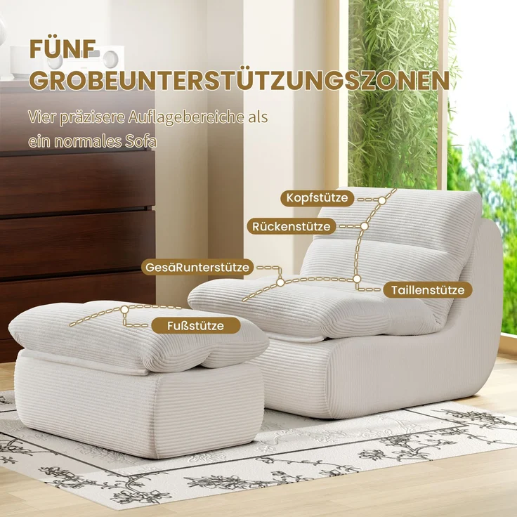 Beanbag Sofa aus Cord mit Fußhocker, 101x81x75 cm, Weiß – Bild 5