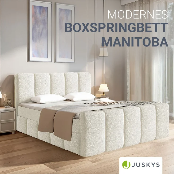 Juskys Boxspringbett Manitoba - Bouclé-Stoff, Gepolstertes Kopfteil mit Steppung & Stabile Konstruktion, Topper inklusive - Creme – Bild 2
