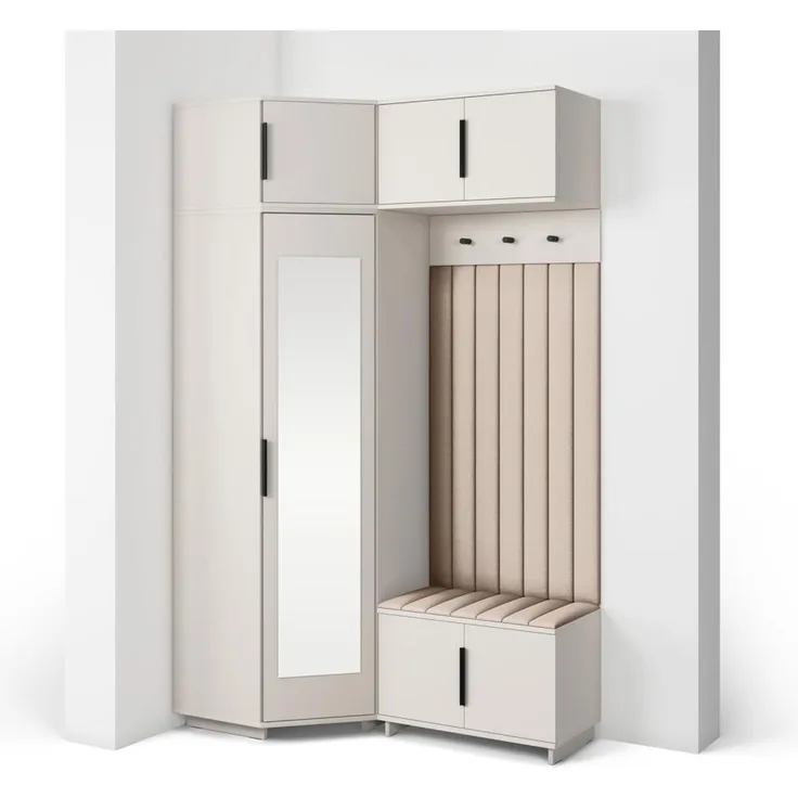 Garderoben-Set Napoli Version 23: Eckschrank mit Polsterpaneelen, Schuhschrank und Schrankaufsatz Flur und Eingangsbereich (Cashmere/Trinity 02), 229 x 70 x 140 cm