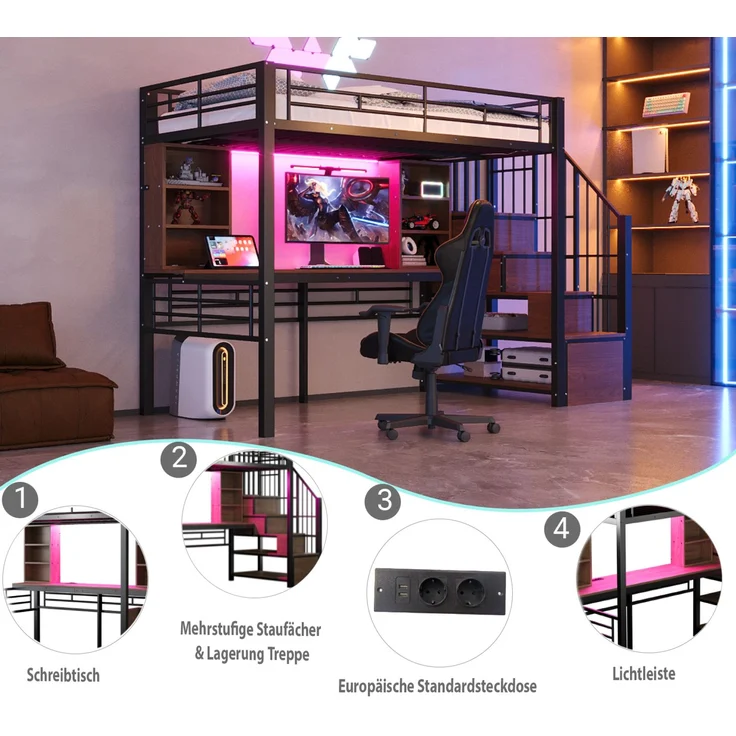 Merax Hochbett Kinderbett 90×200 cm, Jugendbett, Einzelbett mit Ablage, Schreibtisch, Steckdose und LED-Beleuchtung, Integrierter Stauraumtreppe (links/rechts montierbar), Schwarz – Bild 6