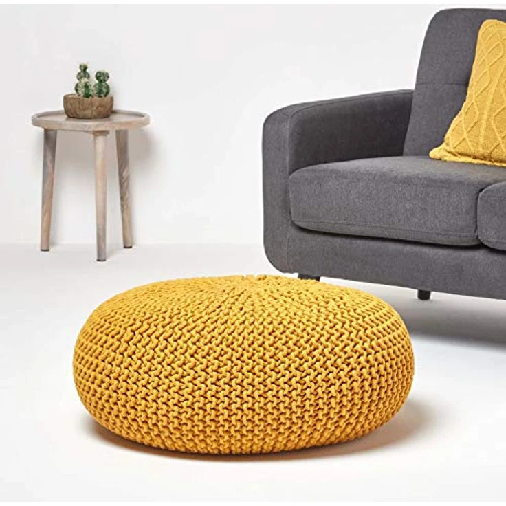 Homescapes Pouf Großer Strickpouf 100% Baumwolle, Senf – Bild 3