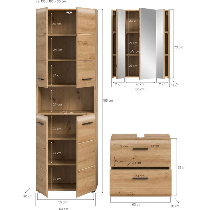 Badkombination (B/H/T: 135x185x30 cm) in Artisan Oak Nachbildung und Artisan Oak Nachbildung – Bild 4