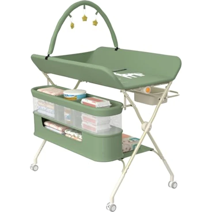 Wickelstation für Baby, Wickeltisch, faltbar, tragbar, Wickeltisch, faltbar, tragbar, mit Aufbewahrungskorb, maximale Belastung von 25 kg,75 x 68 x 83–91 cm (Schwarz) Grün – Bild 10