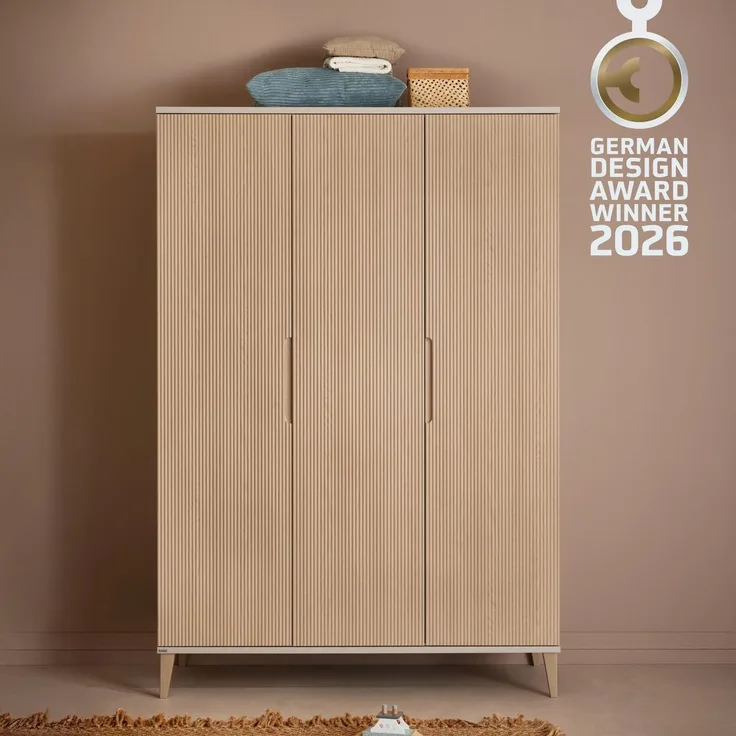 PAIDI Kleiderschrank JONTE in Beige & Eichefarben mit gerillten Türen, verschiedene Größen (B/H/T ca. 95-141/164-207/40-56cm, mit 2 oder 3 Türen + Tiny-Variante) stabiler Drehtürenschrank mit Massivholz-Füßen, Soft-Close-Funktion