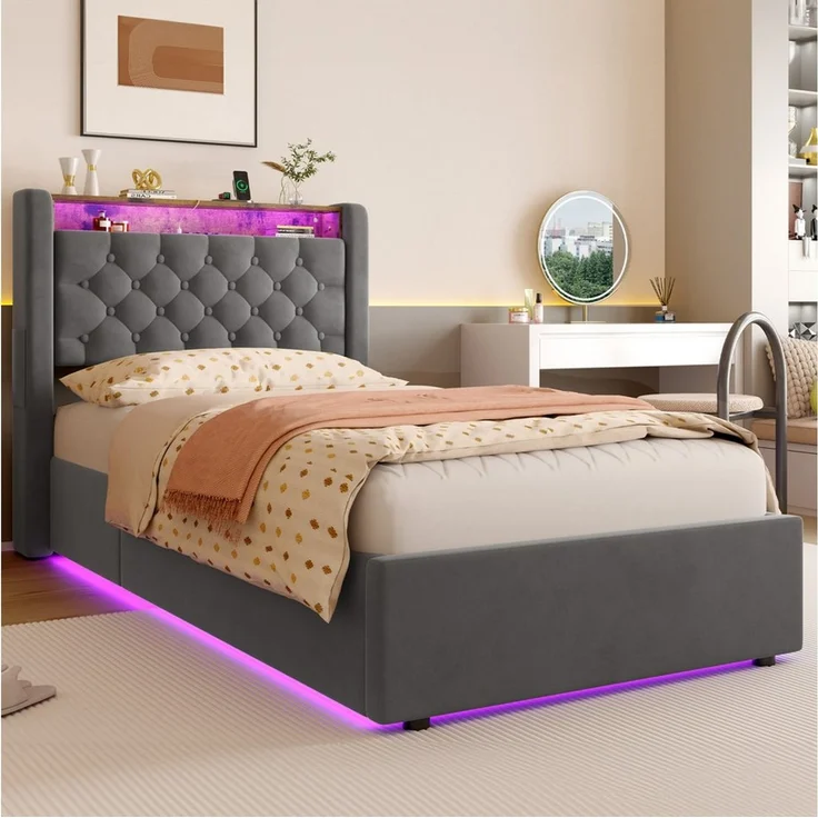 HAUSS SPOLE Polsterbett 90×200 mit LED,Boxspringbett Jugendbett mit Bettkasten und Matratze (Stauraumbett mit Stauraum und klappbarem Kopfteil), mit LED-Ambientelicht für eine angenehme Atmosphäre – Bild 4