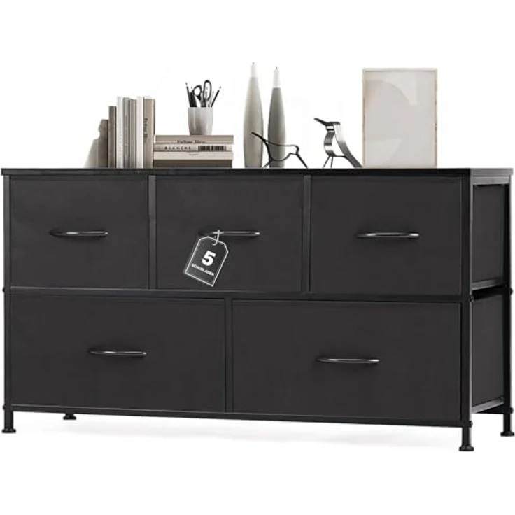 DUMOS Antonia Kommode für Schlafzimmer mit 5 Stoffschubladen, kleine Kommode Organizer Einheiten für Kleidung, Schrank, Kinderzimmer, Aufbewahrungsturm mit Schrank, Metallrahmen, Holzplatte, leichte – Bild 2