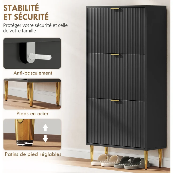 Schuhschrank für 18 Paar Schuhe mit 3 Klappschubladen, geriffelten Türen und verstellbaren Einlegeböden, 60 x 24 x 122,5 cm, schwarz – Bild 9