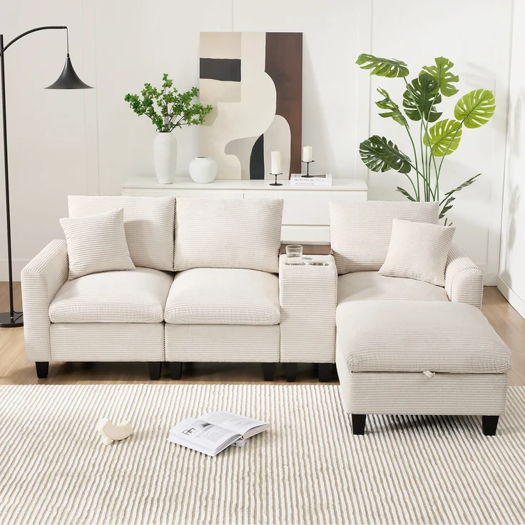 Ecksofa L-Form, umwandelbares Sofa mit Konsole Becherhaltern USB Ladeanschlüssen Armlehnen-Aufbewahrungstasche und Kissen für kleine Räume, Cordstoff, , – Bild 5