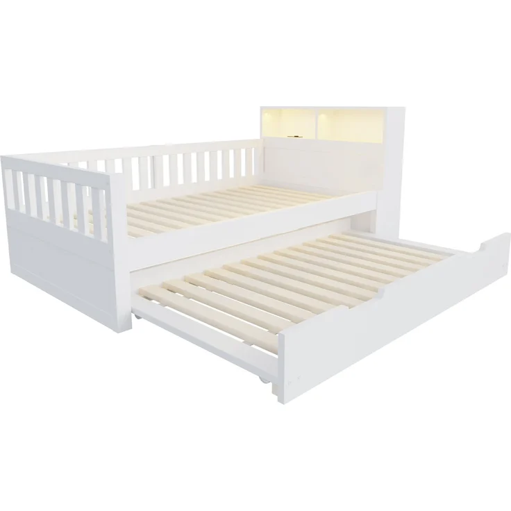 Merax Einzelbett, Multifunktionales Holzbett 90 × 200 cm, Mit Ausziehbarem Bett, Ablage und Staufach, Ausgestattet Mit Steckdose und LED-Beleuchtung, Sicherheitsgitter, Weiß – Bild 9