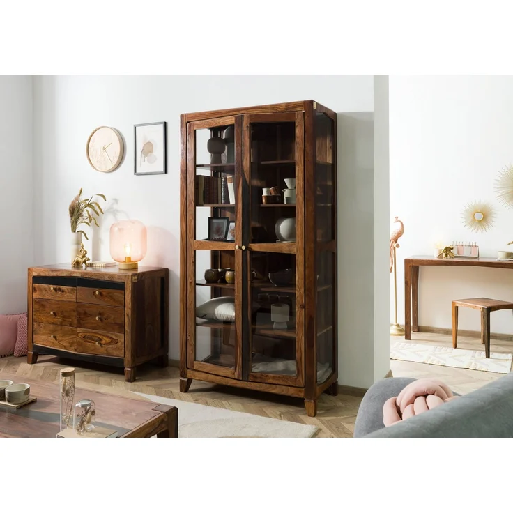 Vitrine Sheesham 100 x 45 x 195 dunkelbraun lackiert ANCONA #236 – Bild 2