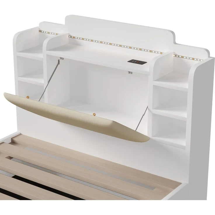 Holzbett mit RGB LED-Streifen, Stauraum, Lattenrost, Kopfteil mit Polsterung, Regal, USB, Type-C, 90x200cm, Einzelbett, Stauraumbett, Jugendbett – Bild 10
