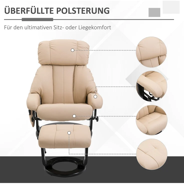 Relaxliege mit Liegefunktion, Massagesessel, Fernsehsessel, Liegesessel, Ergonomischer Stuhl mit Hocker, Beige, 76 x 80 x 102 cm--Cremeweiß--76x80x102cm--YOUDENOVA – Bild 5