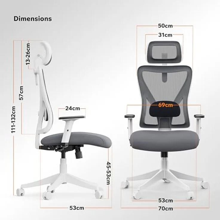SENSE7 Bürostuhl Ergonomisch - FlowTech™ Schreibtischstuhl mit Verstellbarer Lordosenstütze & Kopfstütze für Arbeitstage - Atmungsaktives Mesh Ergonomischer Bürostuhl bis 150kg – Tone Weiß-Grau – Bild 3