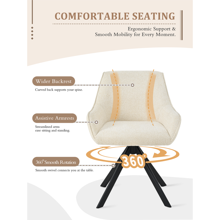 GOEURVANT 1178 Esszimmerstühle 2er-Set mit Armlehnen, 360° Drehbar, Chenille - Creme – Bild 8