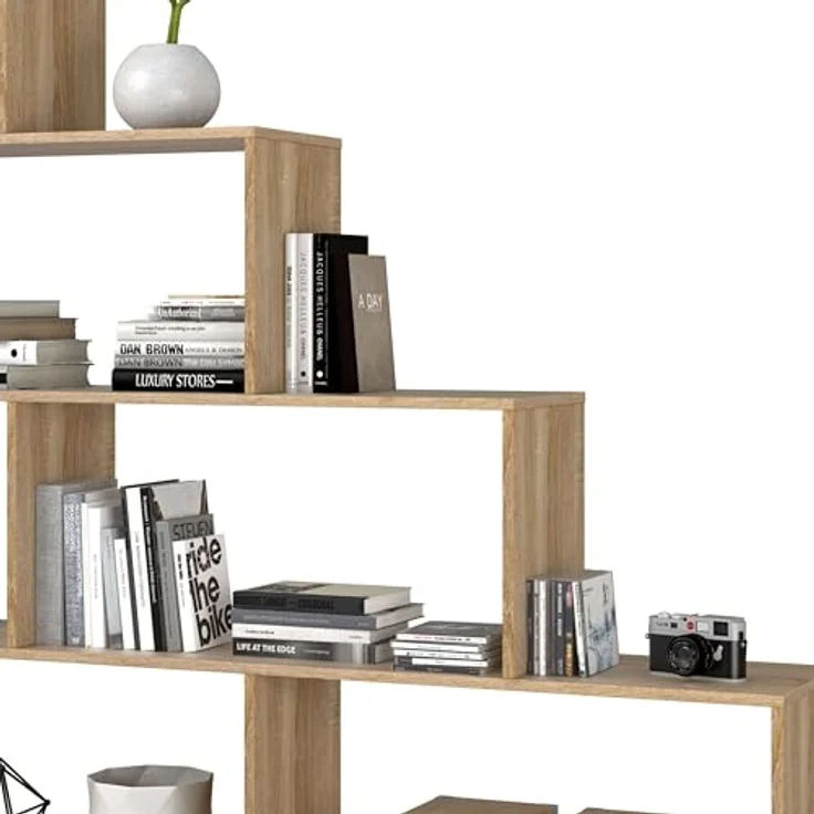 Habitdesign, Bücherregal – dekoratives Regal mit Hochglanz-Finish in kanadischer Eiche, ideal für Wohnzimmer, Büro oder Esszimmer, Maße: 145 x 145 x 29 cm (B x H x T), Modell Klum – Bild 6