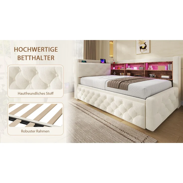 ZUBALIYA Tagesbett, mit Stauraum, mit LED-Beleuchtung, mit USB-C-Anschluss, inklusive Lattenrost, mit Schlaffunktion, Liegefläche 90 × 190 cm, H 84 × T 211 × B 181 cm, Beige, Samt – Bild 12