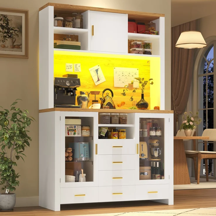 EINHOM Seitenboard / Aufbewahrungsschrank / Multifunktions-Küchenschrank / Buffetschrank, 120 x 40 x 188 cm, Landhausstil, 4 Türen, mit LED-Lichtleiste, 6 Schubladen & 3 Türen, Weiß mit Holzoptik – Bild 5