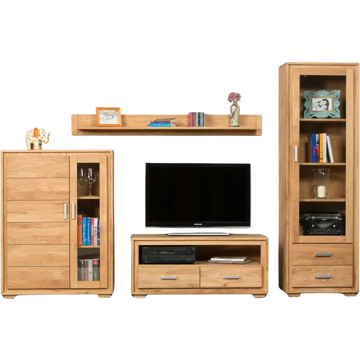 Woodline Wohnzimmerschrank Wildeiche massiv geölt, 4-teilig, Basel Set IX Natur 61x40x193 cm