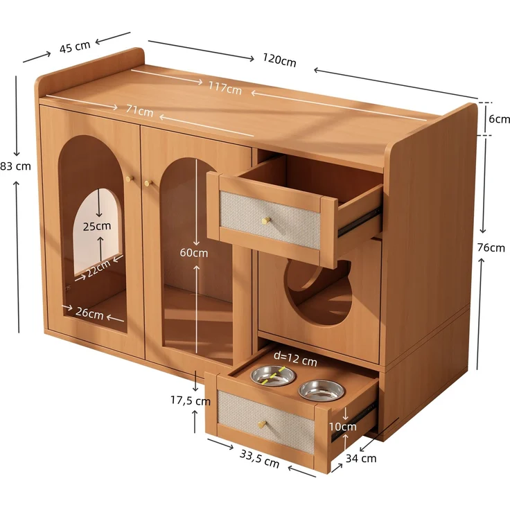 Mehrzweckiges Katzenhaus & Katzenkloschrank – haustiertierfreundlicher Beistellschrank mit Futterschalen, Katzenruheraum, Lagerbereich (ohne Katzenklo & Katzenkissen), Nussbaumfarben, 120x45x83 cm – Bild 10