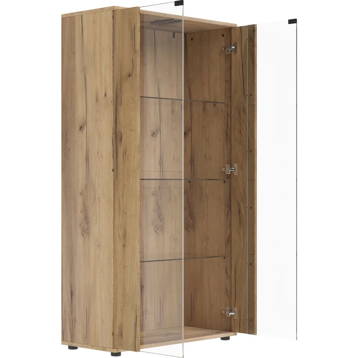 Merax Vitrinenschrank mit 2 Glastüren, 4 Ablageflächen und verstellbarer LED-Beleuchtung – modernes Design für Wohnzimmer, natur, 80×36×150.5cm – Bild 9