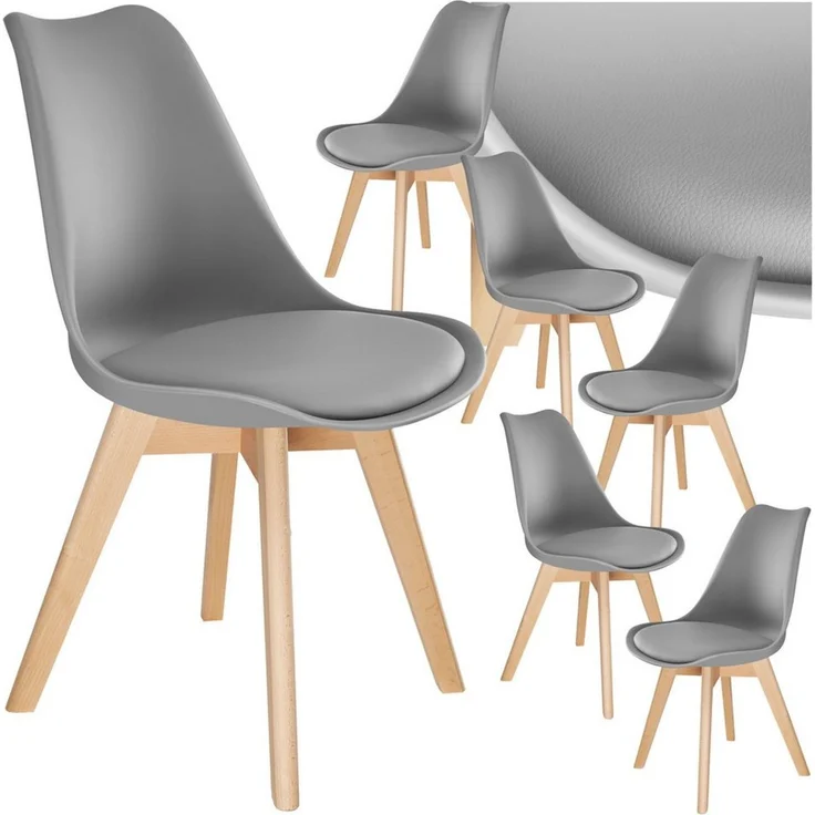 tectake Esszimmerstuhl Küchenstuhl Scandi-Design, gepolsterte Sitzfläche, 49 x 53 x 82 cm (Polsterstuhl Frederikke in grau, 6 St), ergonomische Form, massive Holzbeine, bodenschonende Filzgleiter – Bild 1