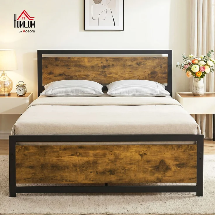 Bettgestell aus Holz und Stahl im Industrial-Stil mit Lattenrost,Schwarz, Rustikales Braun, 103 x 147 x 208 cm, Cecodadi – Bild 3