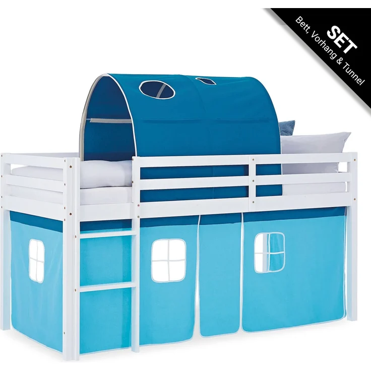 Hochbett Kinder 90x200 cm Kinderbett Kinderhochbett Stockbett Tunnel Vorhang Blau Holz Massiv – Bild 1