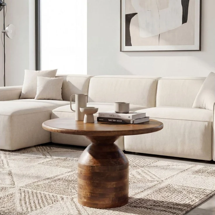 FINEBUY Couchtisch FB117168 Massivholz 60cm Wohnzimmertisch Sofatisch Beistelltisch Tisch (Skulpturaler Wohnzimmertisch aus Mangoholz), Runder Kaffeetisch mit markantem Säulenfuß – Bild 1