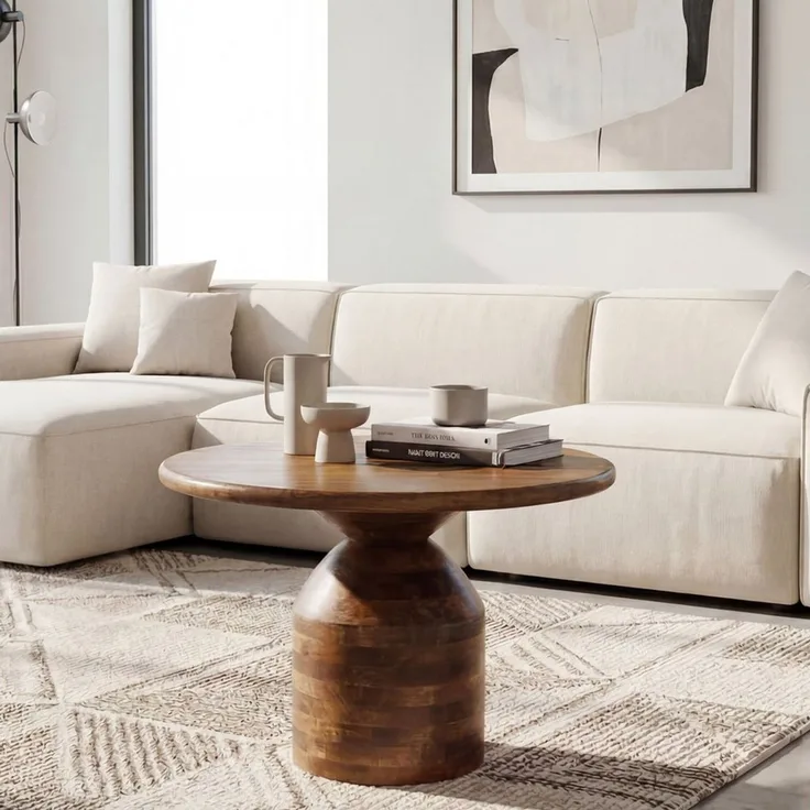 FINEBUY Couchtisch FB117168 Massivholz 60cm Wohnzimmertisch Sofatisch Beistelltisch Tisch (Skulpturaler Wohnzimmertisch aus Mangoholz), Runder Kaffeetisch mit markantem Säulenfuß