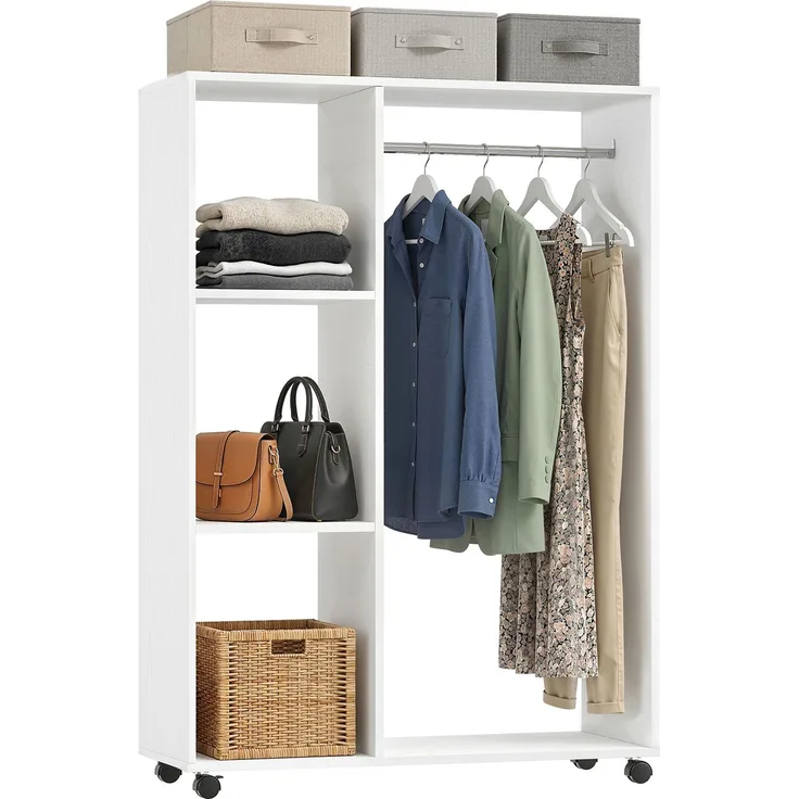 Kleiderschrank auf Rollen, mobile Garderobe, Garderobenschrank, Rollbarer Kleiderständer, 80 x 40 x 128 cm, Weiß--Weiß--128x40x80cm--YOUDENOVA