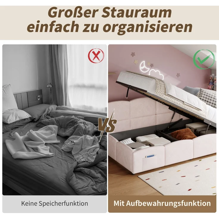 Polsterbett, Kinderbett,Einzelbett, Stauraumbett, Schlafsofa 90x200 cm, mit Lattenrost, USB-Ladegerät, Stautasche, Jugendbett und Erwachsenen-Kinderbett, Samt,rosa (ohne Matratze) – Bild 8
